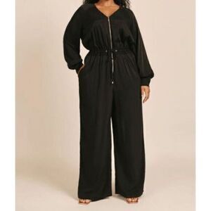 Honore Wren Sz 20 Black Jumpsuit Wide Leg Long Sleeve Zippper Front